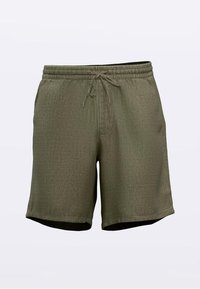 Shorts vert olive en tissu texturé avec une ceinture élastique et un cordon de serrage, équipés de poches latérales et d'une coupe décontractée.