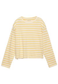 T-shirt court à manches longues à rayures horizontales jaunes et blanches avec encolure ronde sur fond blanc.