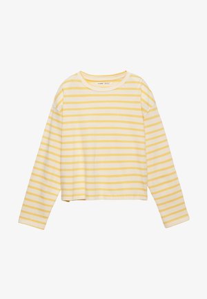 Yellow and white horizontal striped long-sleeve cropped t-shirt with crew neckline on a white background.