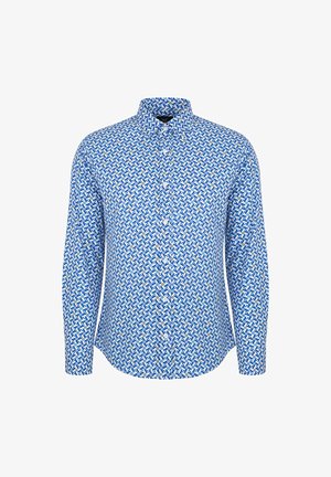 Koszula zapinana na guziki w niebiesko-białym wzorze geometrycznym z akcentami żółtego. Długie rękawy i standardowy kołnierzyk. Gładka tekstura materiału.