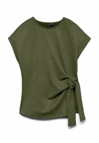 Haut en tissu doux de couleur vert olive, avec des manches larges, un col rond et un détail de nœud sur le côté pour un design supplémentaire. Texture lisse et coupe décontractée.