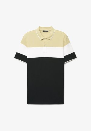 Polo con colletto, caratterizzata da strisce orizzontali in verde chiaro, bianco e nero. Realizzata in cotone con maniche corte e una patta con tre bottoni.