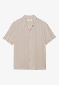Chemise à manches courtes en tissu beige clair. Présente un col camp, une texture lisse, six boutons et une coupe ample.