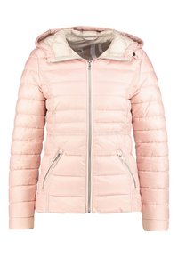 Jasnoróżowa kurtka puchowa z zamkiem z przodu, pionowymi szwami, dwoma bocznymi kieszeniami na zamek oraz odpinanym kapturem. Gładka tekstura, ocieplona konstrukcja.