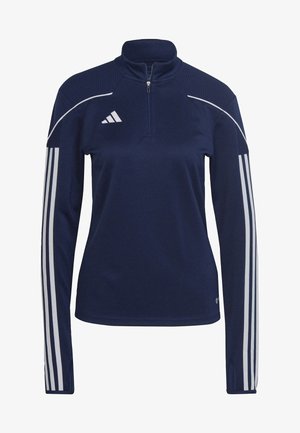 Navy blue athletic pullover with a high collar, half-zip, textured shoulder, and three white stripes on each sleeve. Soft fabric texture.