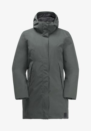Parka hydrofuge grise avec col montant, manches longues et deux poches latérales. Texture lisse et design minimaliste avec fermetures discrètes.
