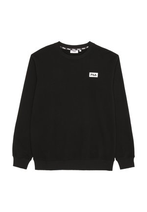 Schwarzes Crewneck-Sweatshirt mit langen Ärmeln und einem kleinen weißen FILA-Logo-Patch auf der oberen linken Brust.