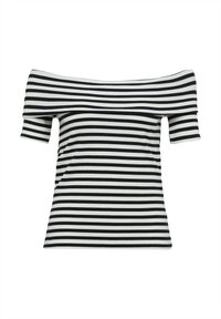 Top off-the-shoulder a righe orizzontali bianche e nere, con maniche corte e una texture a coste aderente.