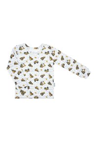 Koszula z długim rękawem z białej bawełny, ozdobiona zabawnym nadrukiem pojazdów budowlanych i tekstem. Okrągły dekolt i miękka w dotyku.