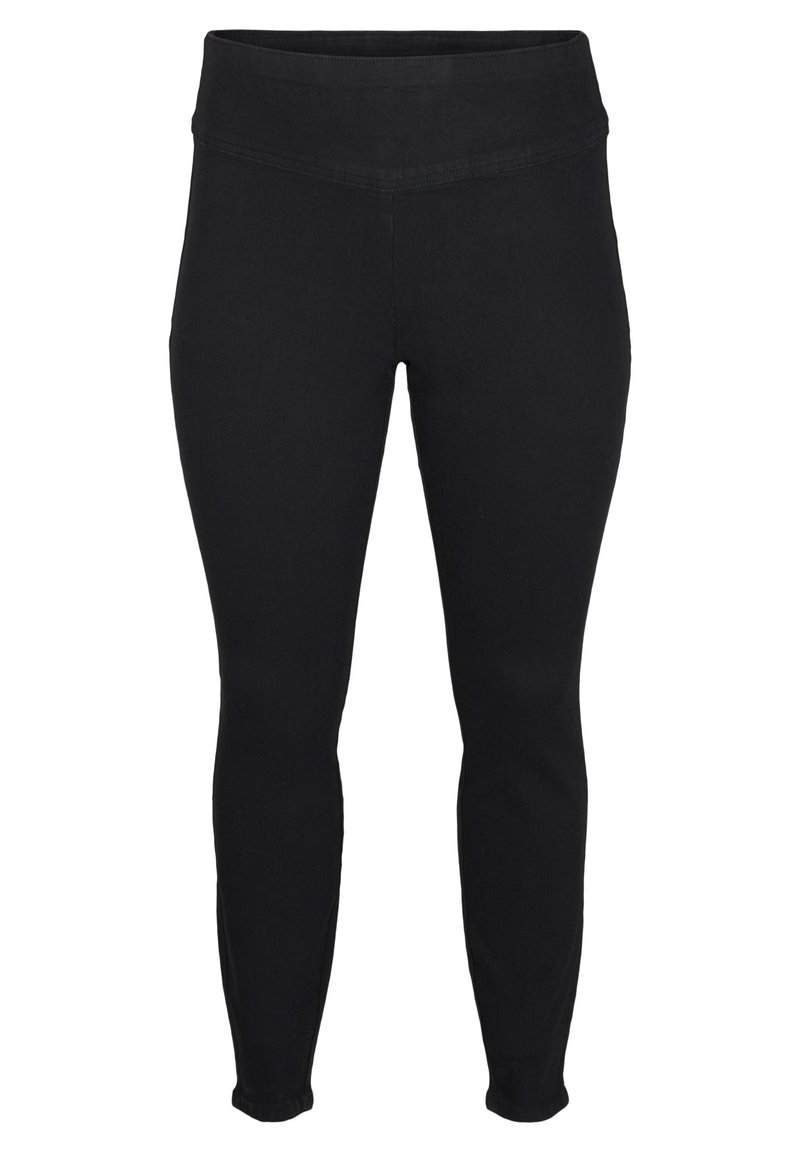 Leggings negros con cinturilla alta, ajuste ceñido y tejido elástico. El diseño es sin costuras, sin cierres visibles ni patrones.