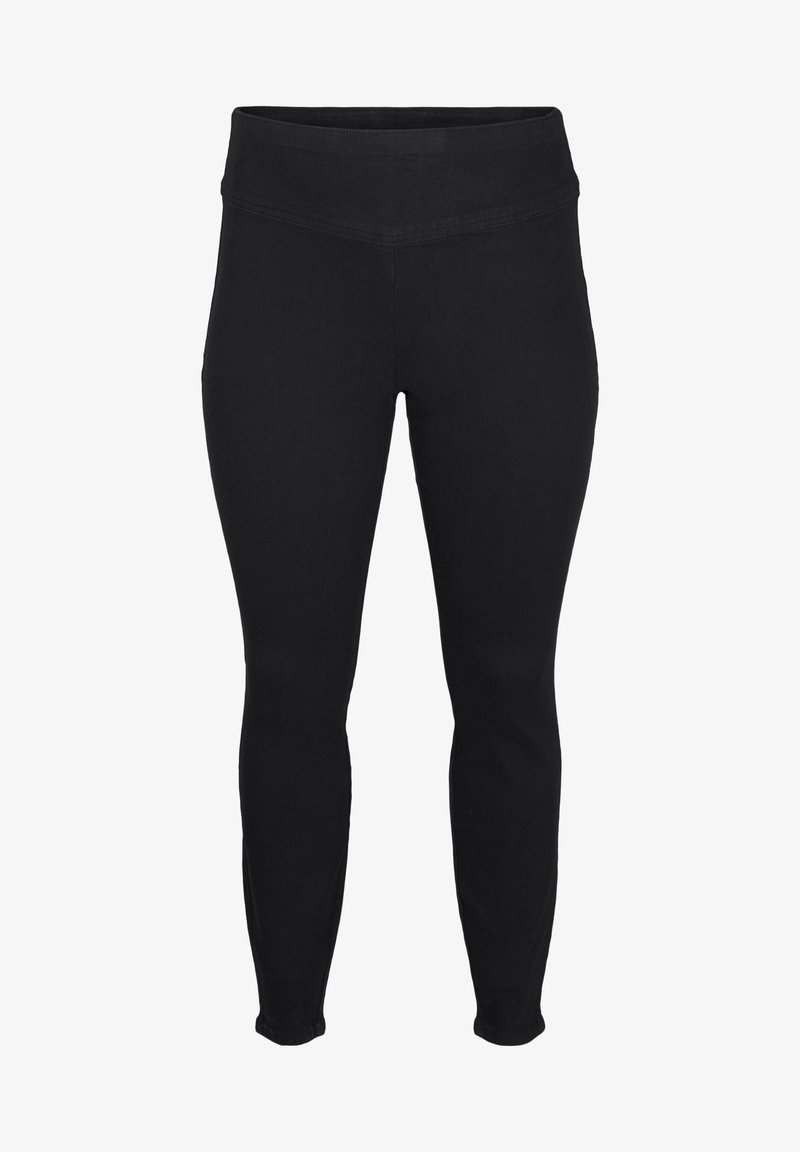 Leggings negros con cinturilla alta, ajuste ceñido y tejido elástico. El diseño es sin costuras, sin cierres visibles ni patrones.