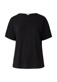 Czarna krótko rękawowa koszulka wykonana z miękkiego materiału, z okrągłym dekoltem i teksturowanym wzorem w kropki na powierzchni.