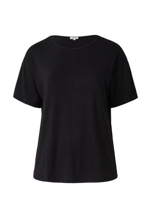 Schwarz kurzärmliges T-Shirt aus weichem Stoff, mit rundem Ausschnitt und strukturiertem Punktedesign auf der Oberfläche.