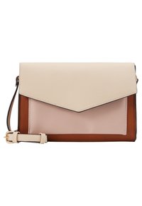 Kolmivärviline nahkrist kott, millel on kreemivärvi klapp, roosa esi paneel ja pruun alus. Reguleeritav rihm ja nurklik disain. Aktsenteeritud õmblused.