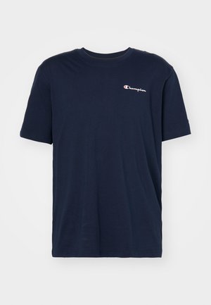 Dunkelblaue Baumwoll-T-Shirt mit Rundhalsausschnitt, kurzen Ärmeln und kleinem weißen "Champion"-Logo auf der Brust. Glatte Textur, lässige Passform.