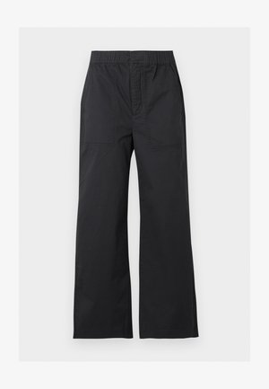 Pantalon noir à jambes larges avec taille élastique et poches plaquées à l'avant, présenté sur un fond gris clair.
