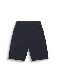 Pantalones cortos de carga en color navy con una cinturilla elástica, dos bolsillos laterales y un solo bolsillo trasero. Fabricados con una tela suave y lisa, de corte regular.