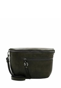 Oval-shaped bag in dark green faux leather. Features a top zipper closure, front zip pocket, and a detachable strap for versatile carrying.