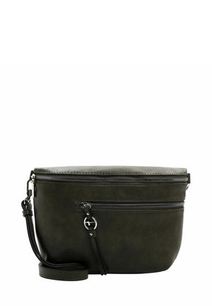 Oval-shaped bag in dark green faux leather. Features a top zipper closure, front zip pocket, and a detachable strap for versatile carrying.