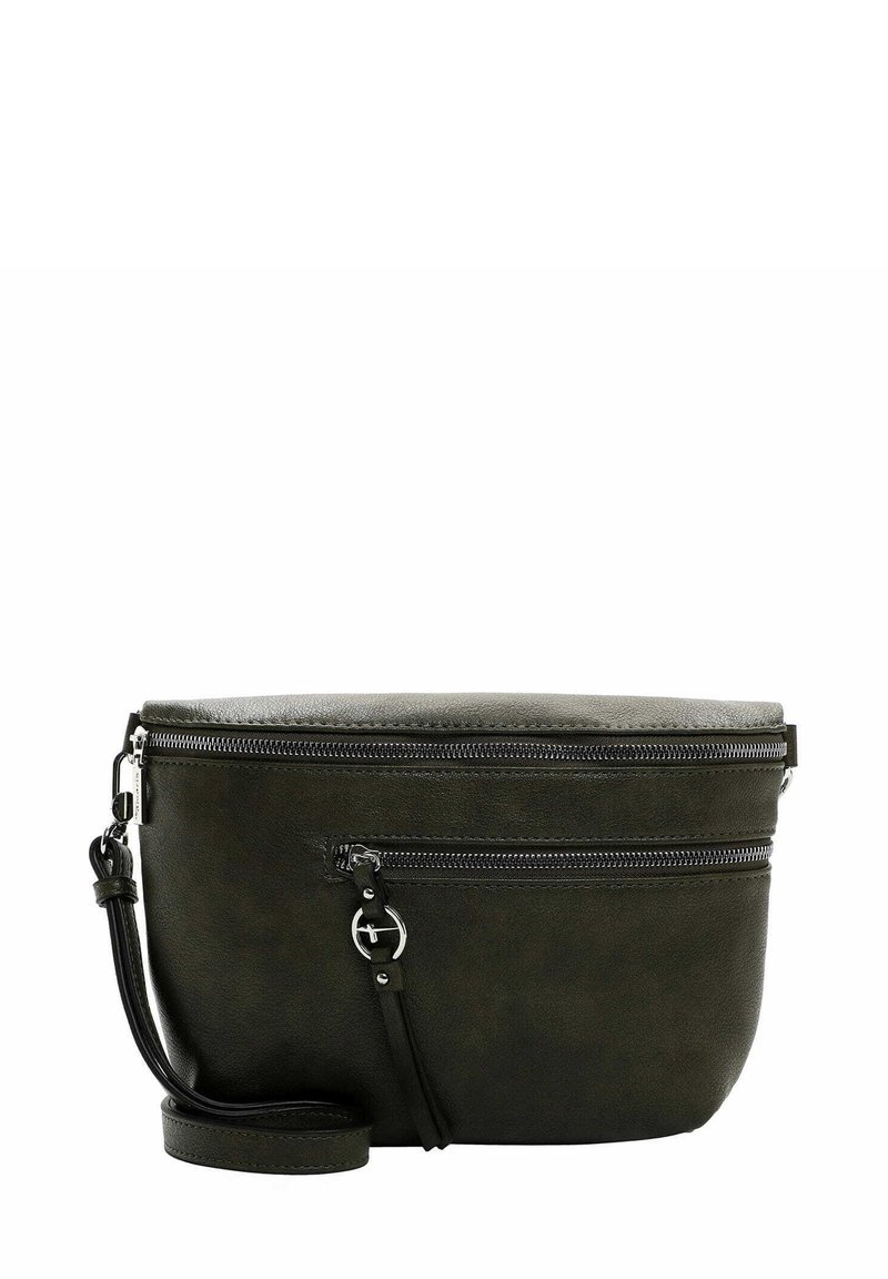 Oval-shaped bag in dark green faux leather. Features a top zipper closure, front zip pocket, and a detachable strap for versatile carrying.