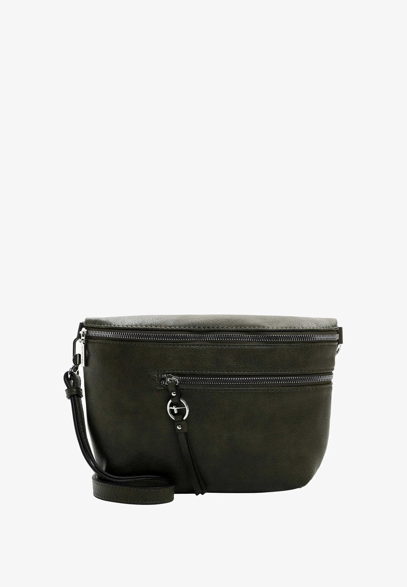 Oval-shaped bag in dark green faux leather. Features a top zipper closure, front zip pocket, and a detachable strap for versatile carrying.