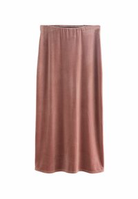 Mauve sametová midi sukně se přímým střihem a elastickým pasem, vystavená na bílém pozadí.