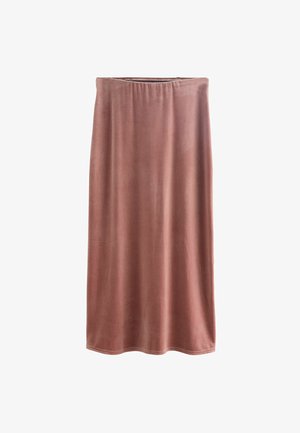 Jupe midi en velours mauve avec une coupe droite et une taille élastique, présentée sur un fond blanc.
