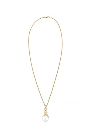 Goldene Kettenhalskette mit einem weißen Perlenanhänger in gedrehter Form und kleinen klaren Akzenten. Elegantes und minimalistisches Design.