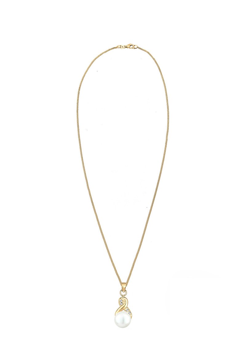 Guld kæde med en hvid perle vedhæng med et snoet design og små klare detaljer. Elegant og minimalistisk design.