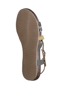 Braune Korkfußbett-Sandale mit einer strukturierten, gewellten Gummisohle in Beige. Sie verfügt über verstellbare Riemen in Grau und Gelb mit einem Schnallendetail.