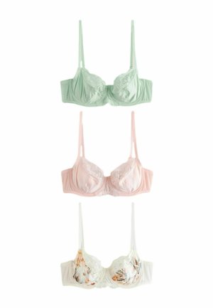 Trzy biustonosze z fiszbinami ozdobione koronką, w pastelowej zieleni, jasnym różu i kwiatowym wzorze, z cienkimi regulowanymi ramiączkami, prezentowane na białym tle.