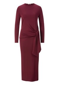 Burgunderfarbenes Langarmkleid mit taillierter Silhouette und geknotetem Seitendetail. Hergestellt aus weichem, dehnbarem Material mit glatter Oberfläche.