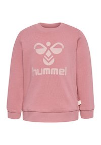 Rosa sweatshirt med långa ärmar, ribbade muddar och fåll, med en stor krämfärgad logotypdesign och en etikett på sidan. Mjuk, texturerad tyg.
