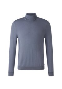Pull à col roulé bleu clair en tricot lisse. Il a des manches longues et une silhouette ajustée, avec un col et des poignets côtelés.
