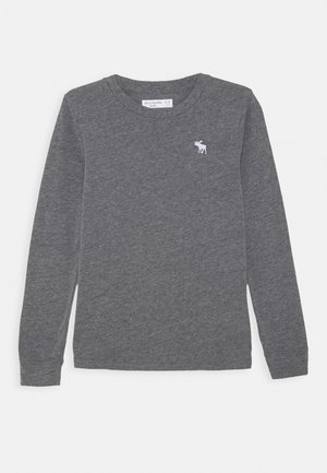 Długi rękaw, ciemnoszara dziecięca koszulka z okrągłym dekoltem i małym białym logo łosia po lewej stronie klatki piersiowej od Abercrombie Kids, rozmiar 5/10.