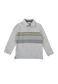 Polo shirt gris à manches longues avec un col, présentant des rayures horizontales vertes et marine. Tissu doux avec une texture et des fentes sur les côtés.