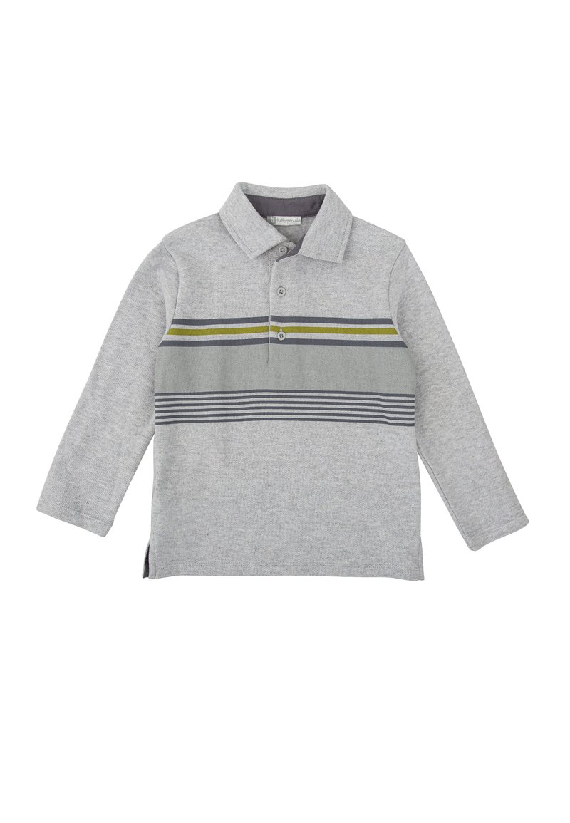 Polo shirt gris à manches longues avec un col, présentant des rayures horizontales vertes et marine. Tissu doux avec une texture et des fentes sur les côtés.
