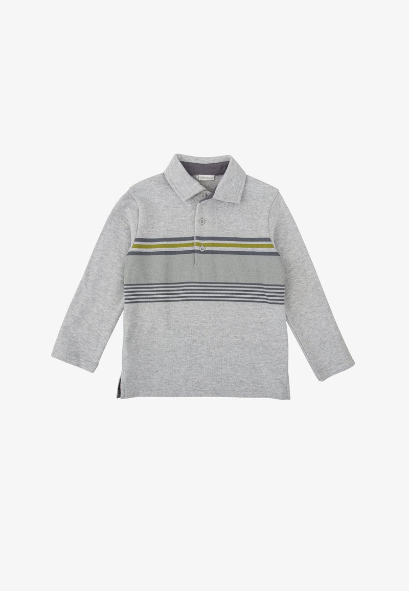 Polo shirt gris à manches longues avec un col, présentant des rayures horizontales vertes et marine. Tissu doux avec une texture et des fentes sur les côtés.