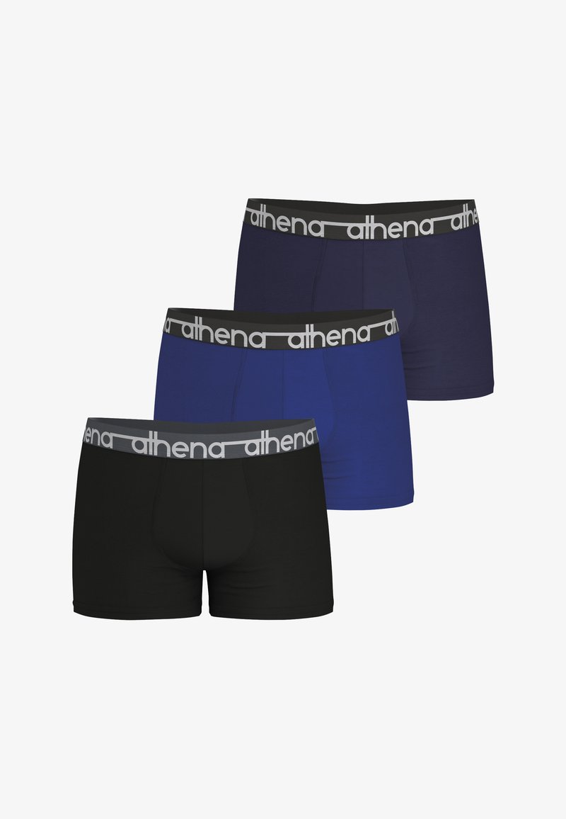 Trois paires de boxers pour hommes en noir, bleu marine foncé et bleu royal, dotés d'un tissu doux et d'une ceinture grise avec logo.