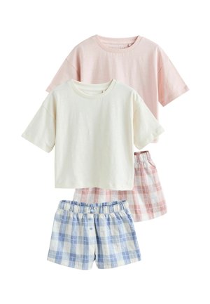 Dreiteiliges Lounge-Set: zwei kurzärmelige T-Shirts in Hellrosa und Ecru sowie karierte Shorts in Blau- und Pinktönen mit elastischem Bund.