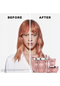 Kérastase-haarproducten weergegeven in roze en zilveren verpakkingen, met verschillende containers, tubes en behandelingen aan de rechterkant.