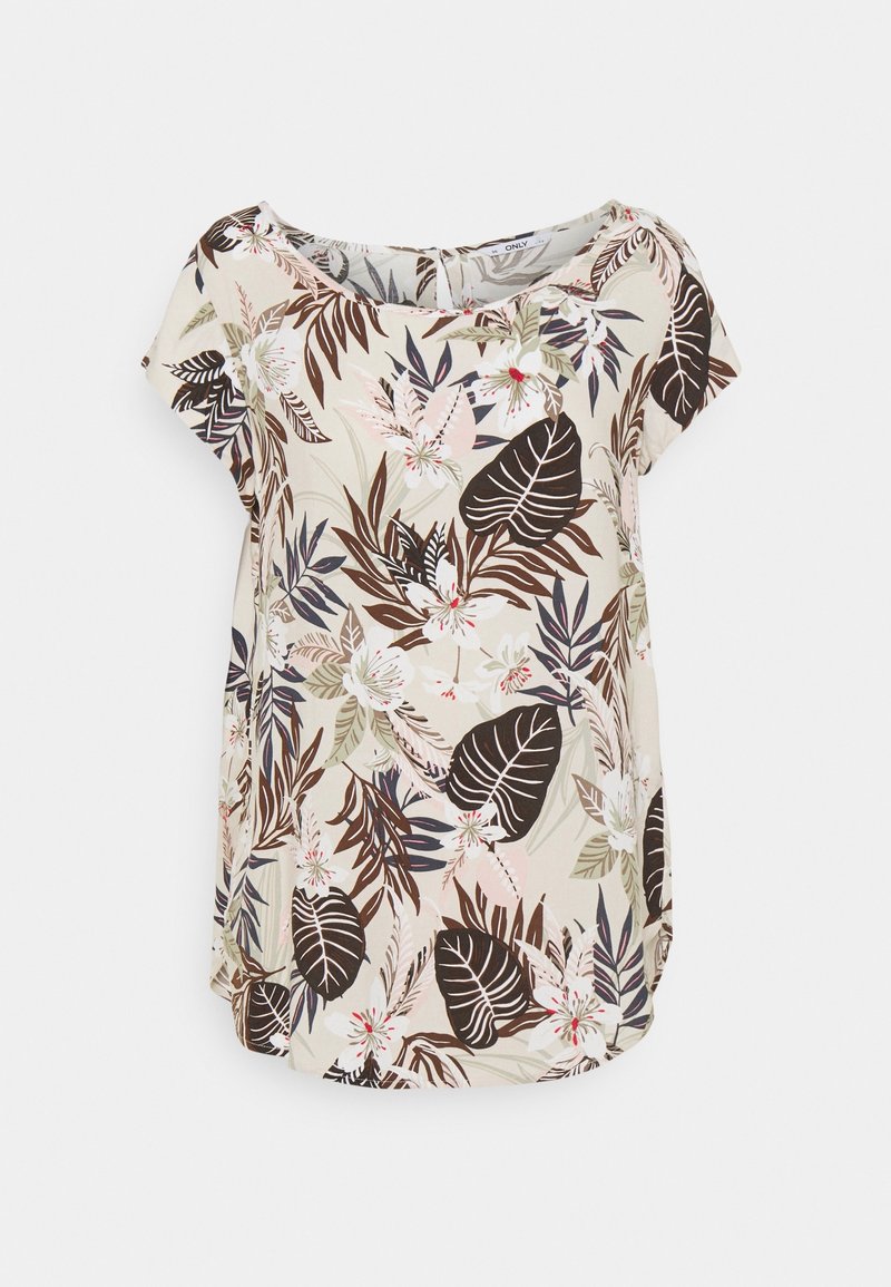 Beige kortärmad blus med bruna, rosa och vita tropiska blad- och blommönster, rundad halsringning och avslappnad passform.