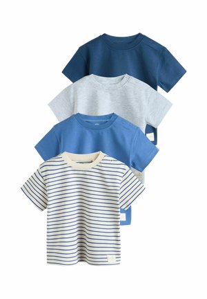 Four short-sleeve toddler t-shirts in navy, light gray, blue, and cream with blue stripes, arranged overlapping on a white background.