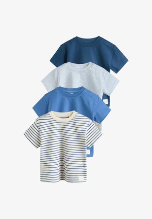Vier kurzärmelige Kleinkind-T-Shirts in Marineblau, Hellgrau, Blau und Creme mit blauen Streifen, überlappend auf weißem Hintergrund angeordnet.