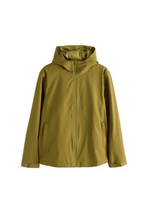 Chaqueta con capucha en verde oliva, hecha de tela ligera. Cuenta con un cierre frontal, dos bolsillos laterales y puños ajustables.