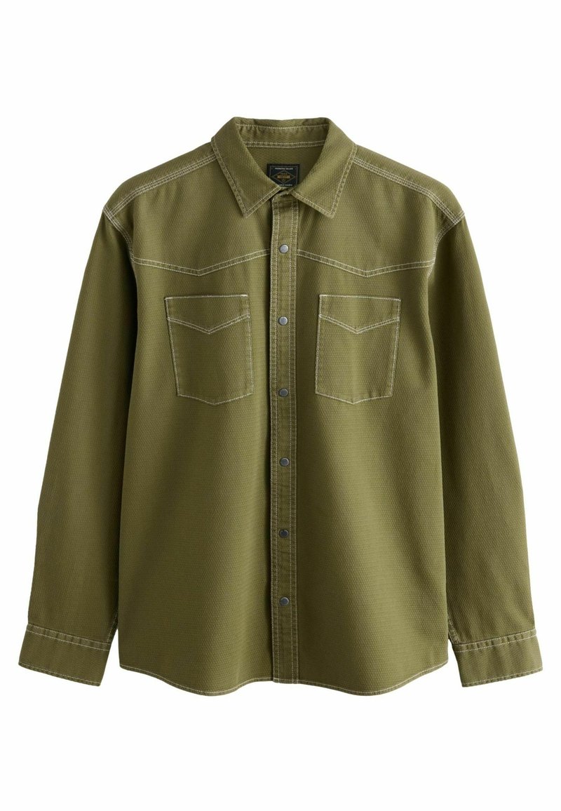 Olive green long-sleeve shirt with a button front, featuring two chest pockets and contrasting stitching, on a white background.