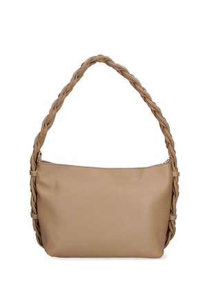 Beige leather shoulder bag with a smooth body and thick braided handle, featuring a zipper closure on top.