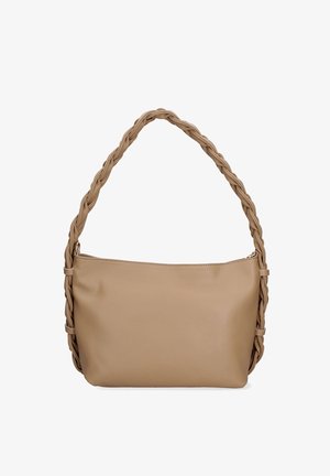 Sac à bandoulière en cuir beige avec un corps lisse et une poignée tressée épaisse, équipé d'une fermeture éclair sur le dessus.