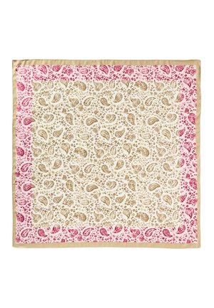 Quadratisches Tuch mit beigen und rosa Paisley-Mustern, beigem Rand und konzentrierten floralen Designs auf hellem Hintergrund.
