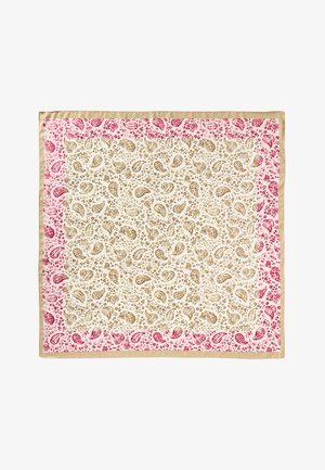 Square scarf with beige and pink paisley patterns, beige border, and concentrated floral designs on a light background.